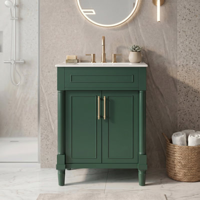 24" Single Sink Bathroom Vanity with Integrated Half-Moon Ceramic Sink, 2-Door Bathroom Storage Cabinet for Small & Medium Restroom, Green Solid Wood & MDF Bathroom Vanity