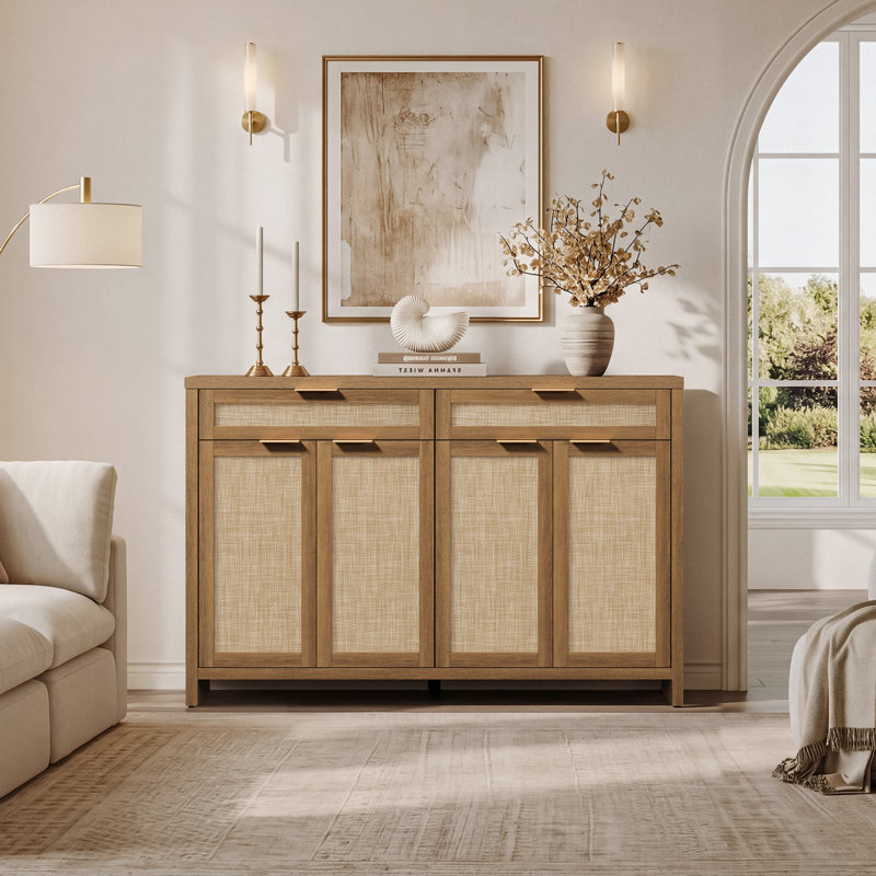 Buffet Consiglia en rotin de 150 cm (59 po) avec 2 tiroirs et 4 portes, tablettes réglables, Reclaimed Caramel Oak, 1