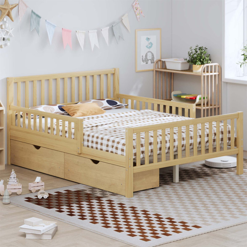 Lit plateforme robuste en bois pleine grandeur avec garde-corps et deux tiroirs de rangement, finition naturelle, Lit double