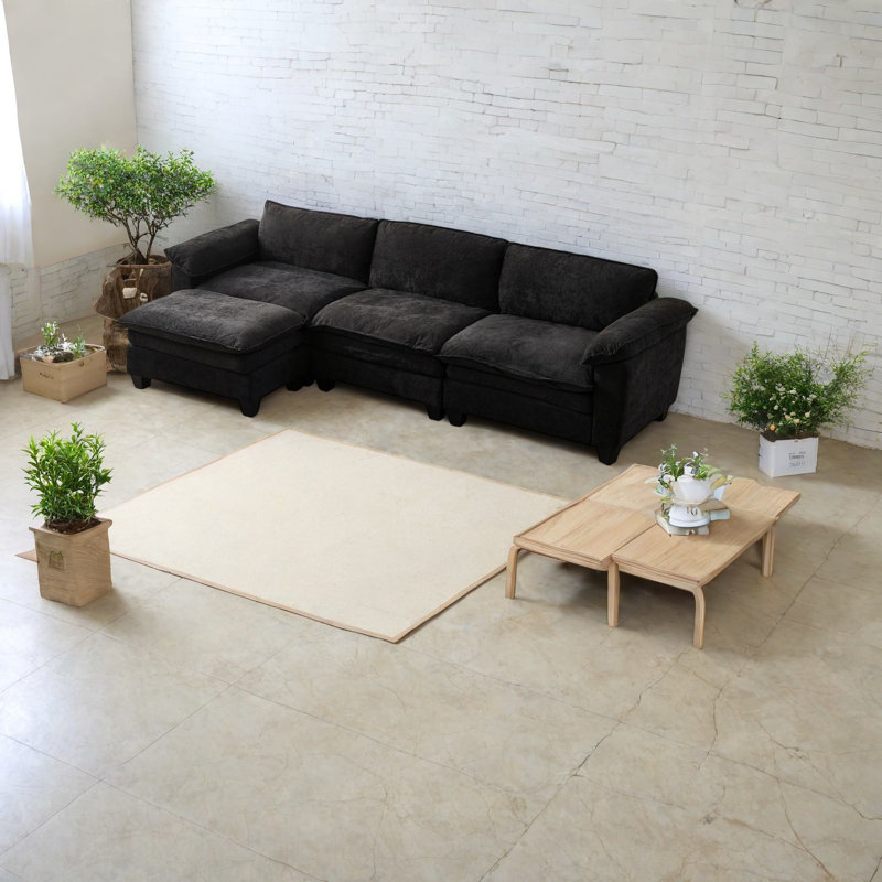 Canapés rembourrés en chenille de luxe, forme en L moderne noir avec repose-pieds pour salle familiale