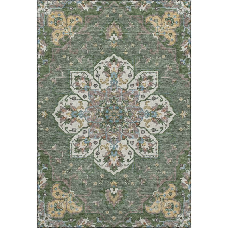 Premium Machine Washable Mayfield AMF2194 global Rug, Green, 2'6" x 3'10"