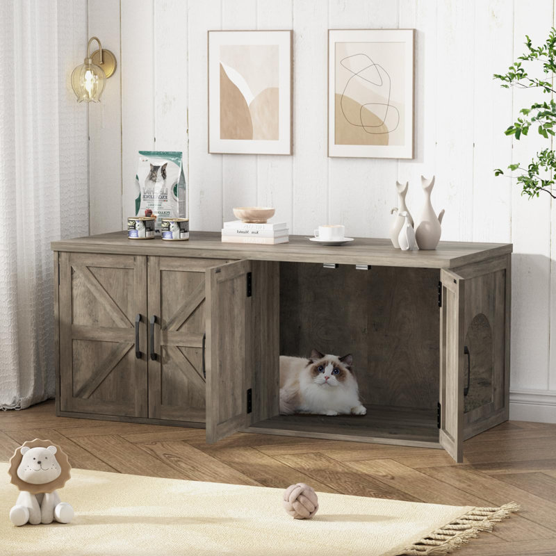 Hidden Litter Box Cabinet With Barn Door, Gray/Gray