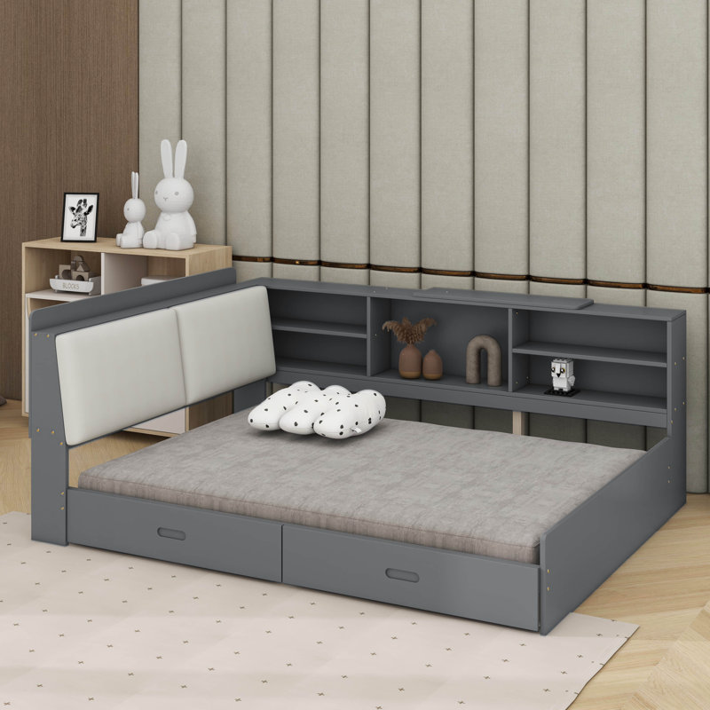 Lit plateforme double avec tête de lit, tablettes et 2 tiroirs, Gris / Blanc
