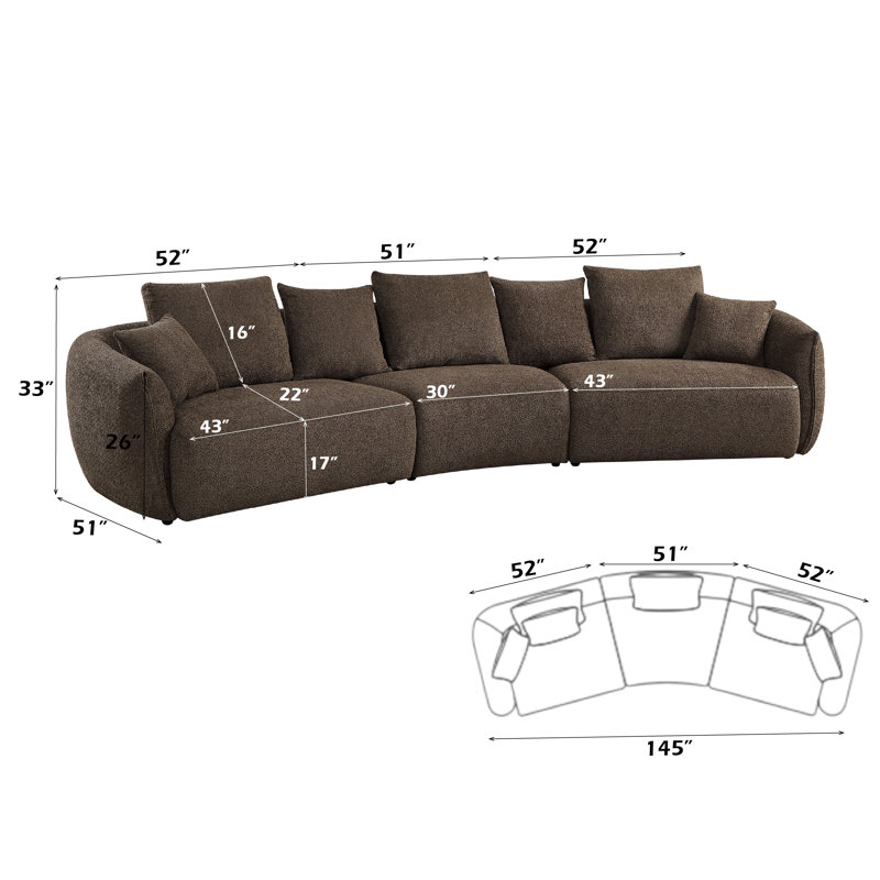 Bash 145"L Upholstered Sofa with 7 Pillows
