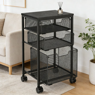 Chariot de rangement mobile avec tiroirs, chariot utilitaire roulant avec plateau en bois et tiroirs en filet, organisateur en métal robuste pour le bureau, la salle de classe et la maison