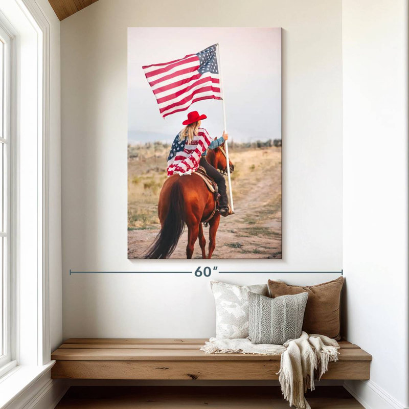 Mehar, patriotique, cow-boy à cheval, H 51 po x l 34 po