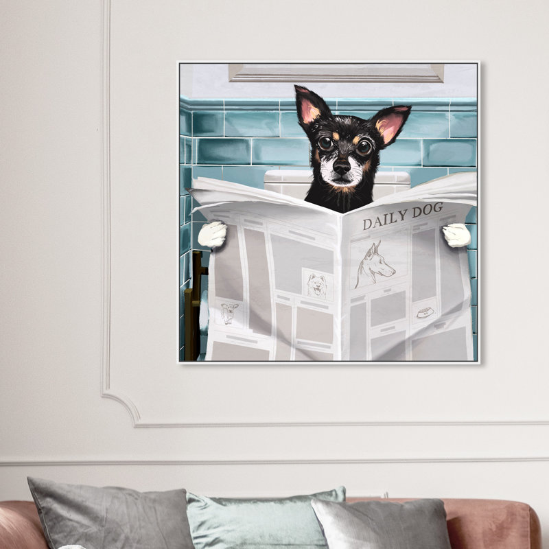 «Bath and Laundry Occupied Bathroom Chihuahua», reproduction d'art moderne sur toile pour salle de bain, Impression encadrée