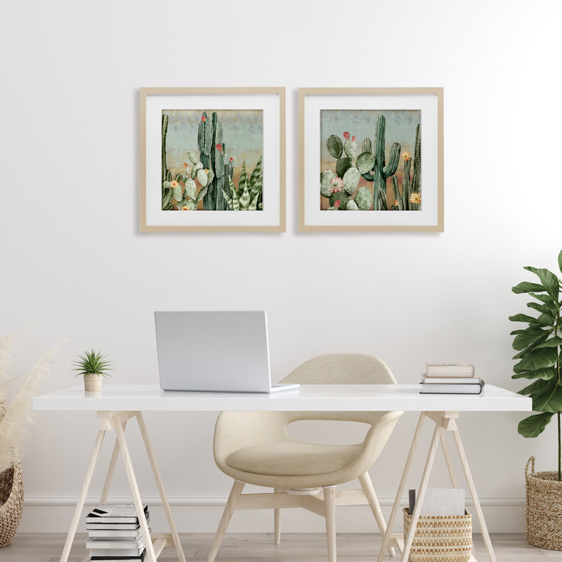 «Cactus Blooms parmi les épines», ensemble de 2 impressions sous verre encadrées, design par Luna Mavis, H 16 po x l 16 po