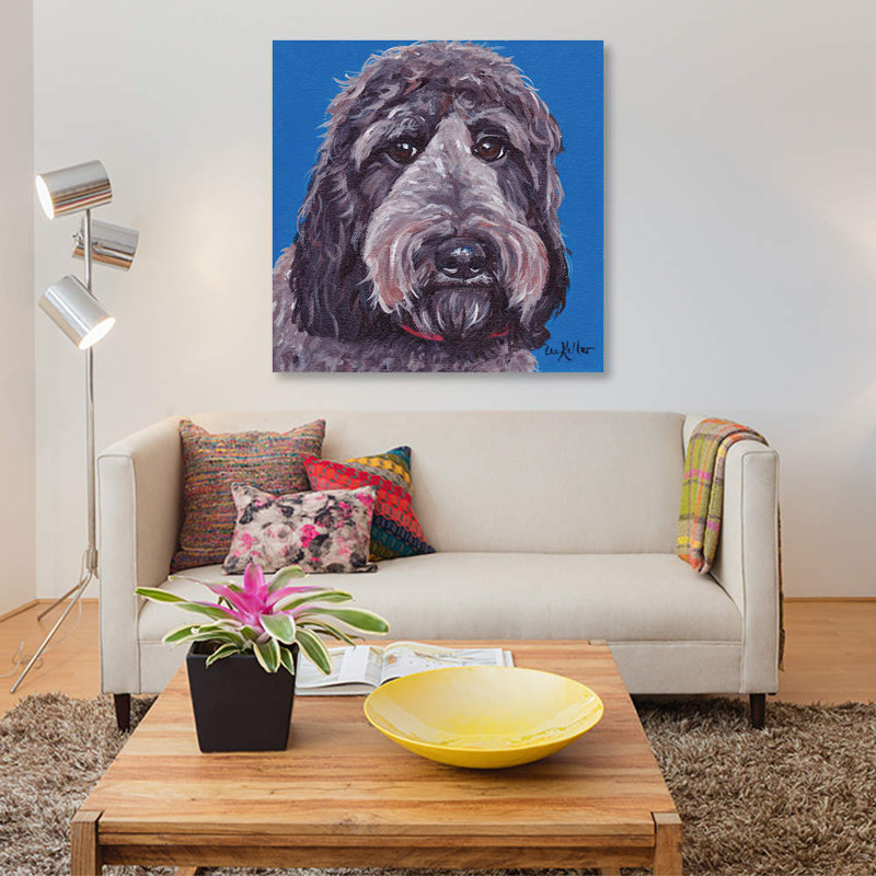 « black labradoodle on blue », impression sur toile, H 18 po x l 18 po x P 1,5 po, Toile tendue
