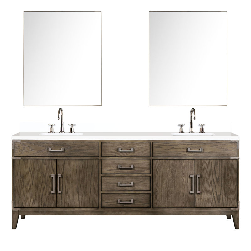 Chêne gris 84 po Large meuble-lavabo double avec comptoir en quartz blanc poli, robinet et 36 miroirs