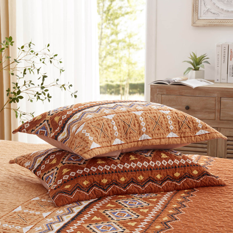 Ensemble de courtepointe 2 pièces pour lit simple - couvre-lit léger en microfibre et 1 taie décorative, motif aztèque Bohème rouille orange brûlé, surdimensionné 68 po x 86 po, couvre-lit toutes saisons