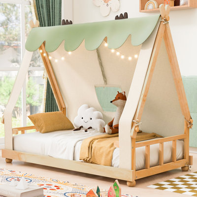 House Platform Bed, Wood, Tent Canopy With Lights & Velvet Fabric, Contemporary, Kids Room