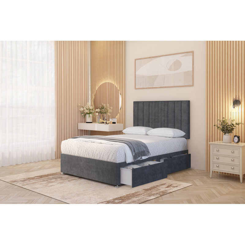 Alyssa Velvet Divan Bed Set Sprung Memory Foam Mattress & Headboard with Drawers, Charcoal, Double (4'6), 2 Draw