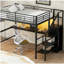 Lit mezzanine double en métal avec bureau, escalier de rangement, petite armoire et lumière DEL, noir