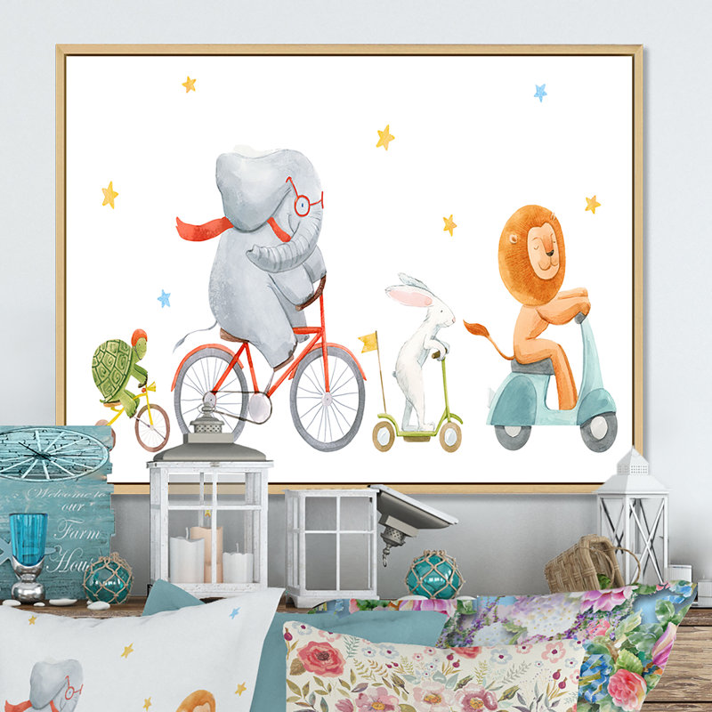 Mignons animaux à bicyclette - Art mural sur toile traditionnel, H 24 po x l 36 po x P 1 po, Cadre flottant brun