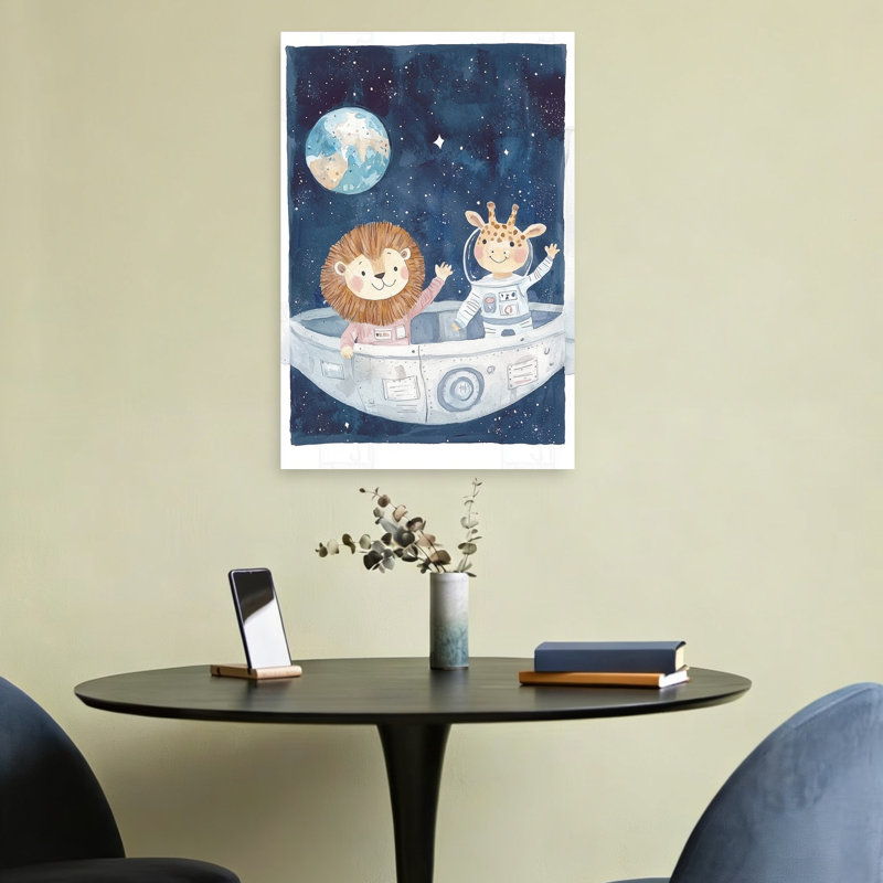 Lion, girafe, espace, aventure, paysage contemporain contemporain, impression d'art mural, H 24 po x l 16 po