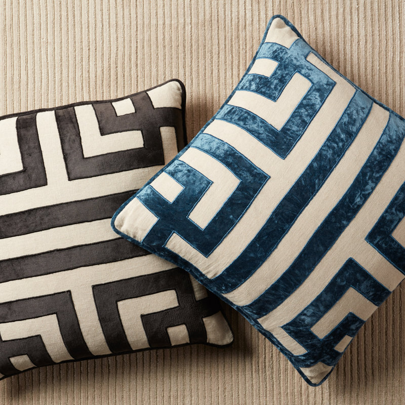 Black and Beige Embroidered Linen Throw Pillow