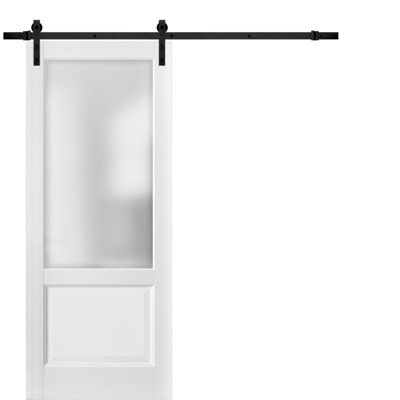 Porte coulissante de style grange avec quincaillerie Lucia 22 Blanc Soie avec verre opaque dépoli, fixation supérieure, supports de rail de 2 m (6,6 pi), porte intérieure robuste en bois massif, panneaux de 76 cm x 203 cm (30 po x 80 po), verre dépoli, rail noir