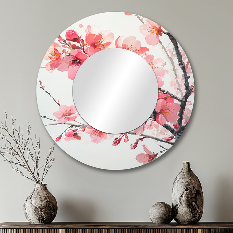 «Pink Cherry Blossoms Summer Embrace I», art mural miroir traditionnel, imprimé sur métal, 29 po x 29 po