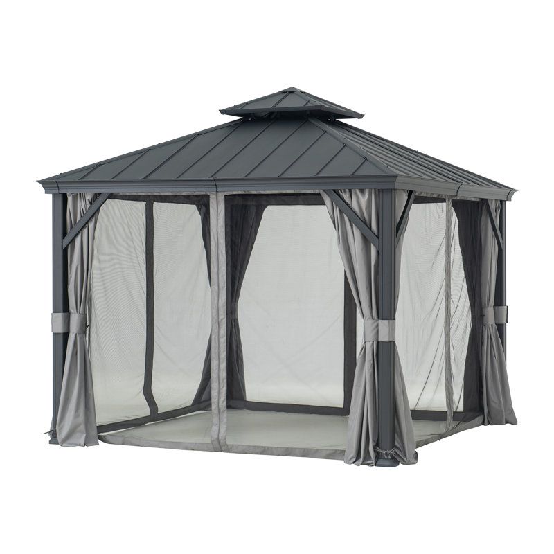 Sunjoy 10 ft. x 10 ft. Black Aluminum Frame Gazebo with Gray Curtains