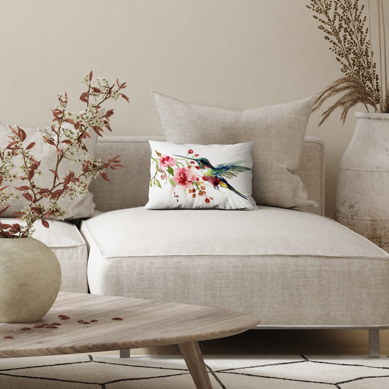 Coussin floral avec polyester de qualité supérieure - Colibri et fleurs, H 10 po x l 14 po