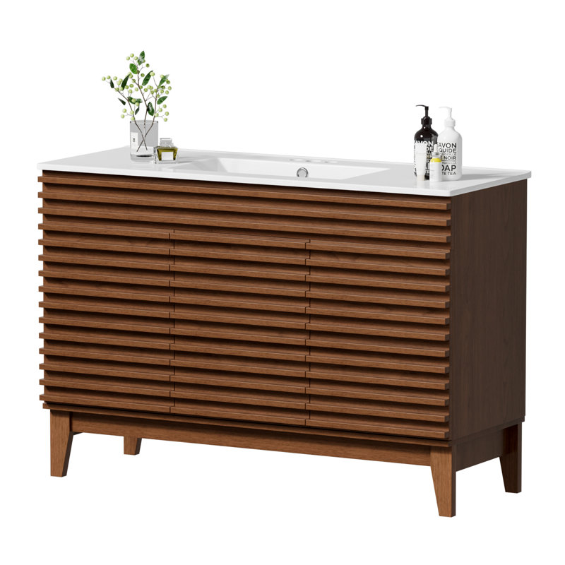 Katie With Sink, Mid-Century Freestanding Katie Sink With Storage, Undermount Ceramic Sink, Particleboard Frame With Wood Grain Laminate