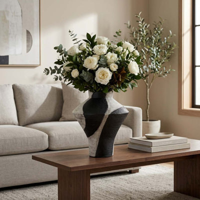 Decorative Abstract Terracotta Floor Vase for Home Decor - Elegant Flared Tall Table Flower Vase for Living Room or Entryway Display - White & Black