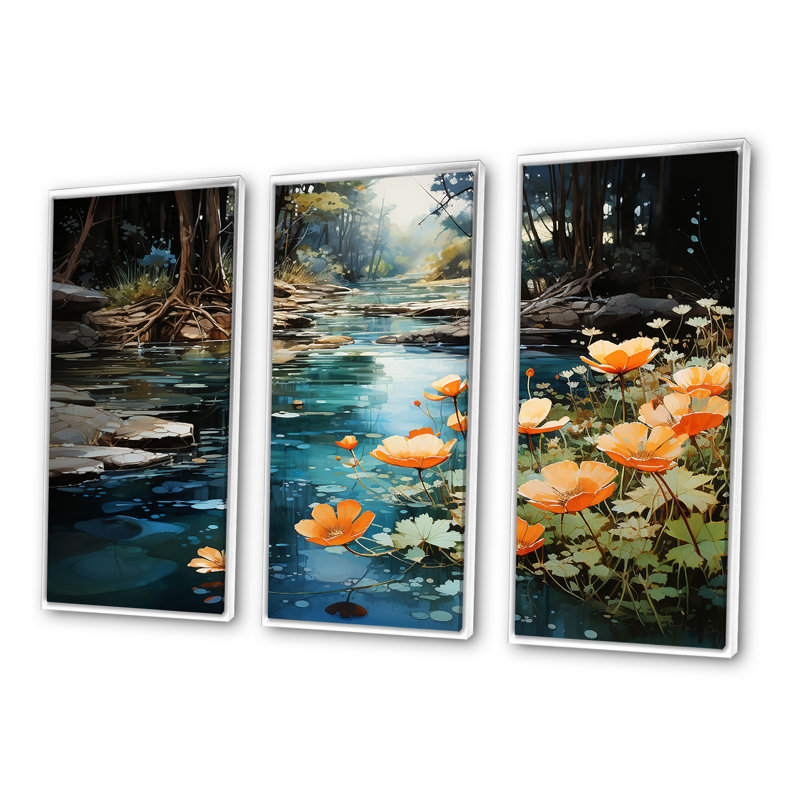 Tranquil Lakes Rivers Urban Symphony III - ensemble de reproductions d'art mural, Cadre flottant blanc