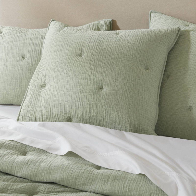 Cotton Muslin Euro Sham Cover With Embroidered Tacking, Textured Quilted Square Pillow Sham, Green