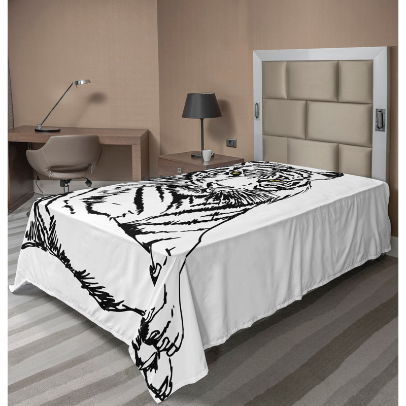 Ambesonne Savannah, croquis de drap plat, tigre africain, blanc, noir et blanc