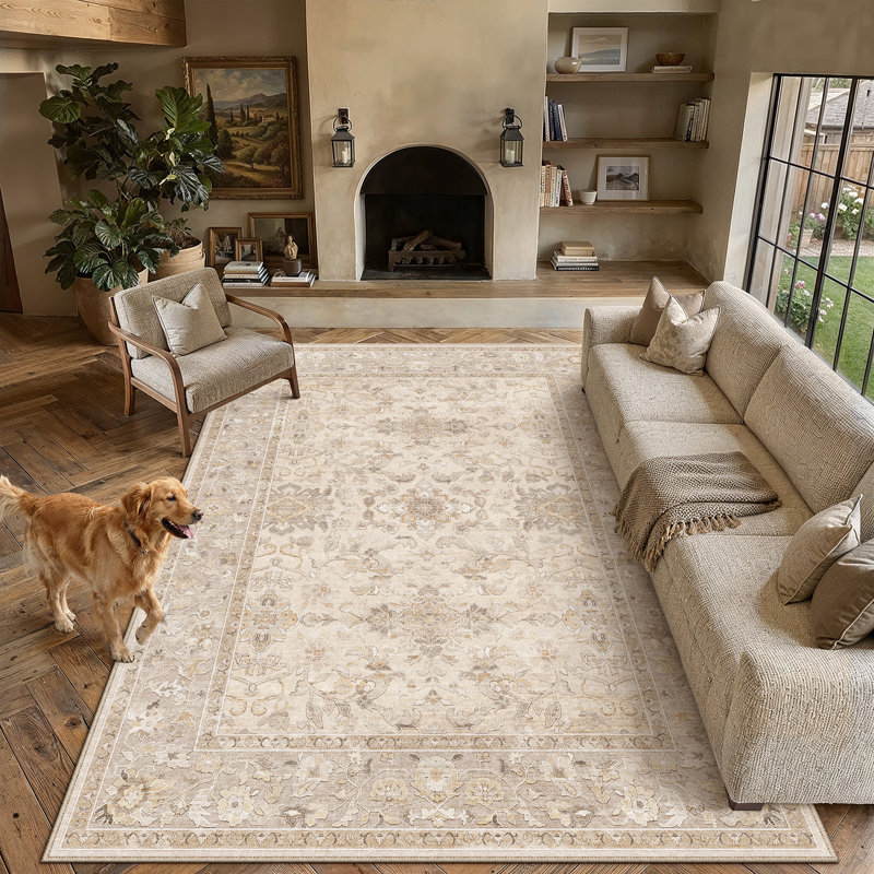 Tapis lavable avec fond antidérapant en cachemire Fonda Vintage, Beige, Rectangle 9 pi x 12 pi