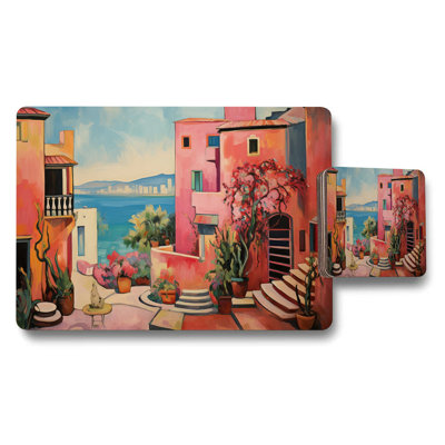 Colorful Mediterranean Village Placemat and Coaster Set