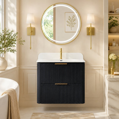 24" Floating Bathroom Vanity with Integrated Acrylic Top, Black Fluted Wall Mounted Vanity Set