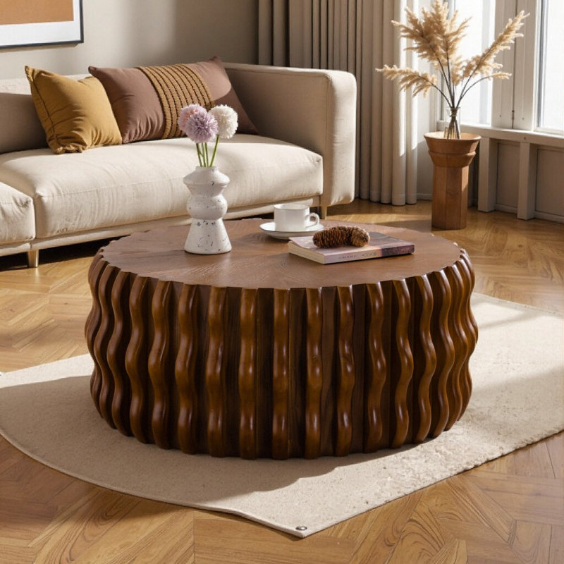 Mid-Century Modern Drum Fluted Round Coffee Table - Natural Wood Solid Wood Living Room Center Table for Farmhouse, Bedroom & Apartment