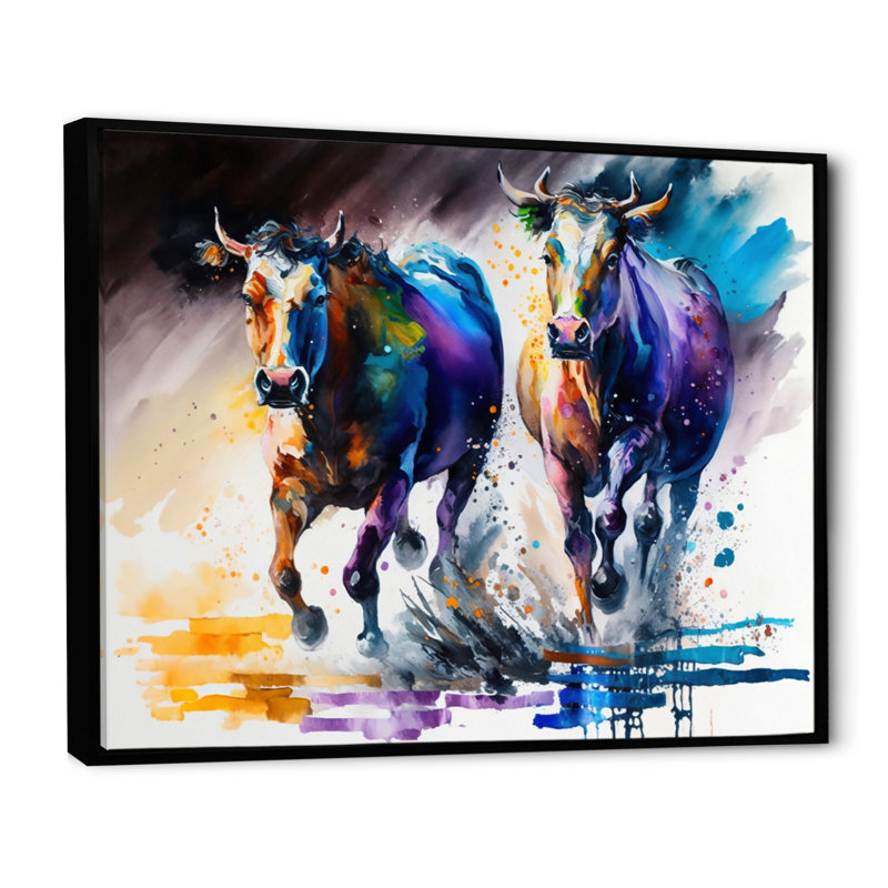 «Cows Runing I», reproduction sur toile, L 32 po x H 16 po, Toile avec cadre flottant noir