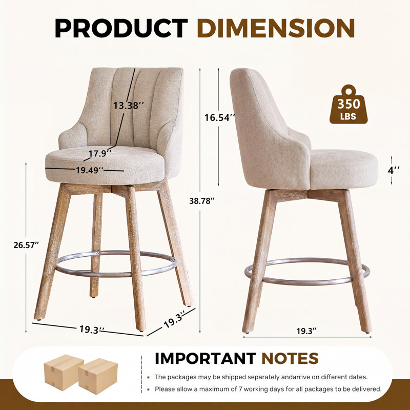Tabourets de bar à hauteur de comptoir, tabourets de bar pivotants avec dossier, tabourets de bar de 2,26 po en bois massif, tabourets de comptoir rembourrés en tissu de lin épais et sable