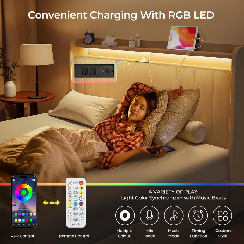 Full Beige Upholstered Bed Frame with LED Lights and Storage Drawers