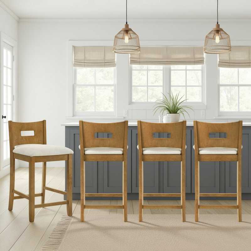 Barrymore Rubberwood Barstool With Fabric Seat, 3, Counter Stool (26.5" Seat Height), Beige