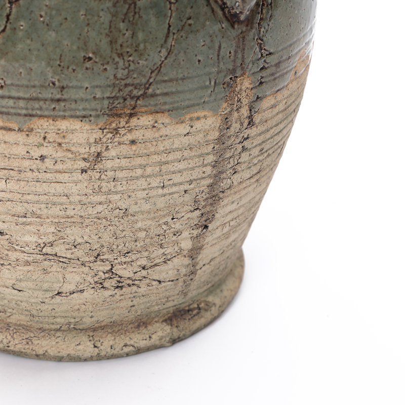Rustic Green & Brown Terracotta Jar Vase with Four Handles, Pottery-Style Decor