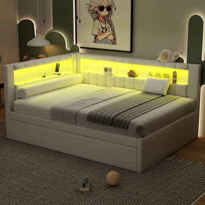 Lit plateforme tapissier avec ports USB et ceinture à DEL, comprend un lit gigogne simple pour un espace de couchage supplémentaire