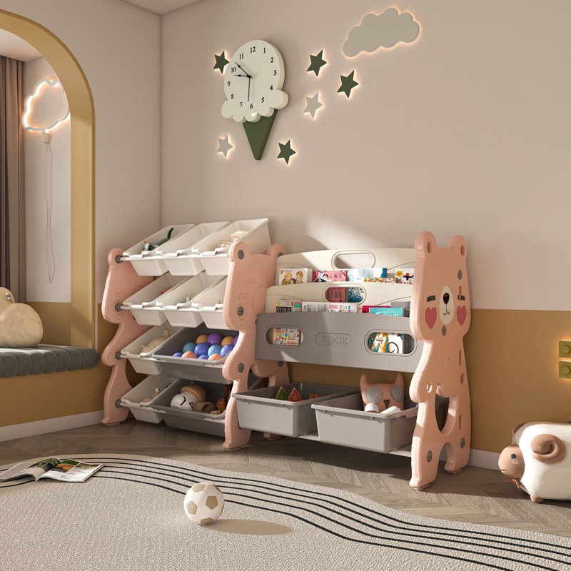 Organisateur rose, bibliothèque à 2 niveaux, 12 bacs pour la chambre à coucher, salle de classe - Rehausser son autonomie, rangement et bacs, bibliothèque autoportante pour la chambre à coucher, conception multifonctionnelle