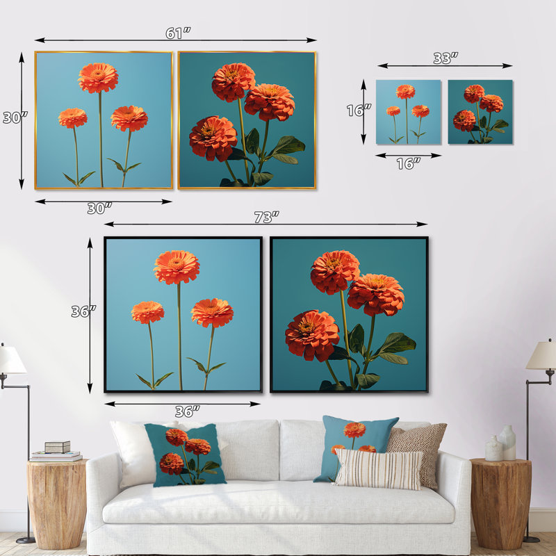 Zestias zestes orange et bleus - ensemble de 2 collages carrés Zinnias, Cadre flottant noir, H 30 po x l 61 po