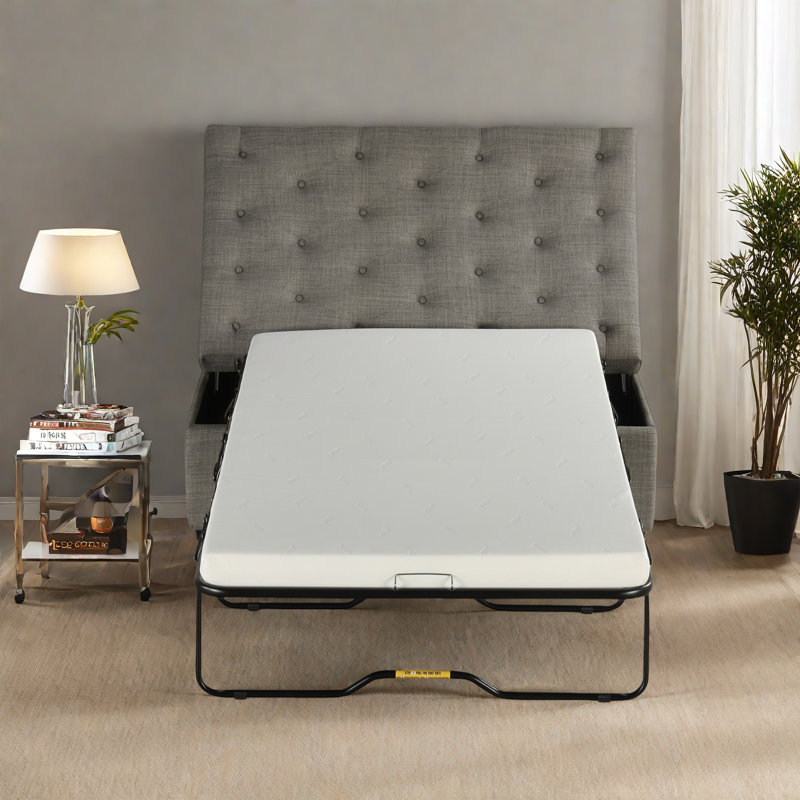 Convertible Ottoman With A Folding Sofa Bed, Metal Frame, Memory Mattress And Tufted Design, Grey