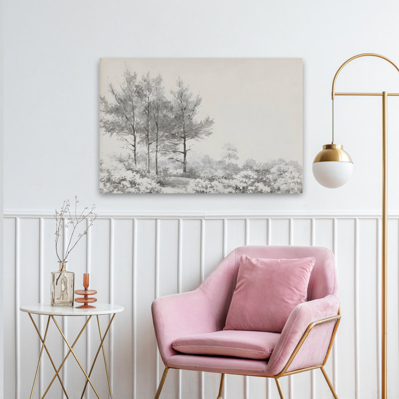 Paysage simple - art contemporain noir et blanc avec arbres, H 24 po x l 36 po