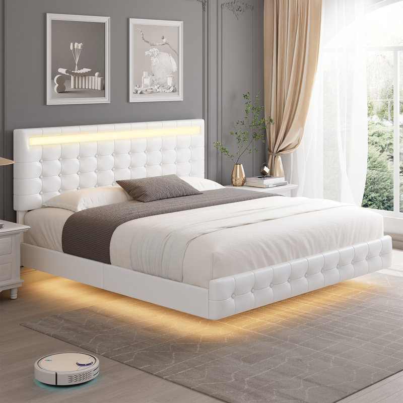 Ensemble de chambre à coucher avec lit rembourré Kinzli, Très grand, Blanc