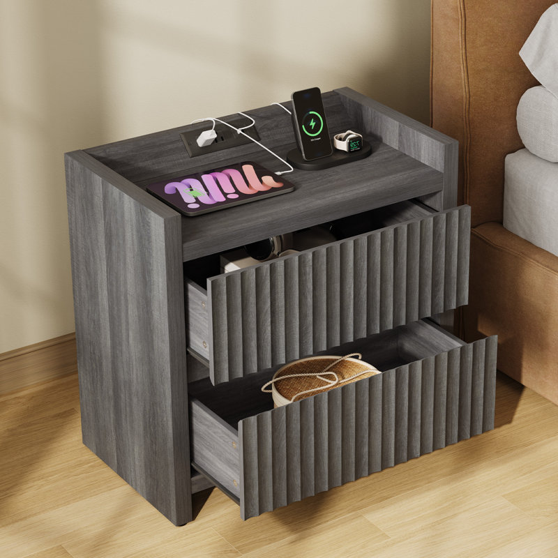 Allete Modern Fluted 2-Drawer Nightstand With Charging Station, Graphite