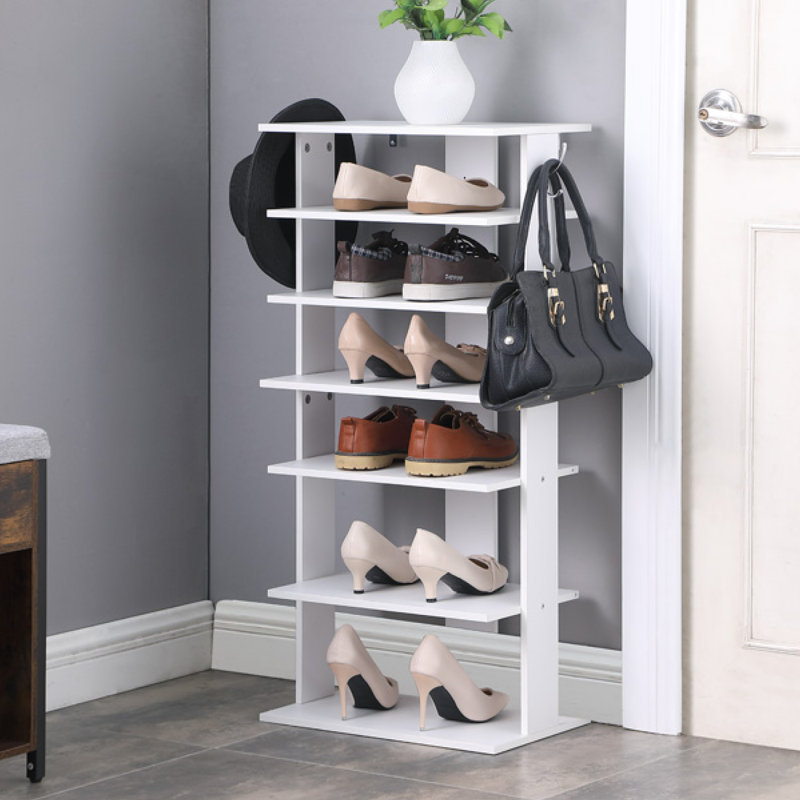 7-Tier Vertical Shoe Storage Organizer Tower with Hooks