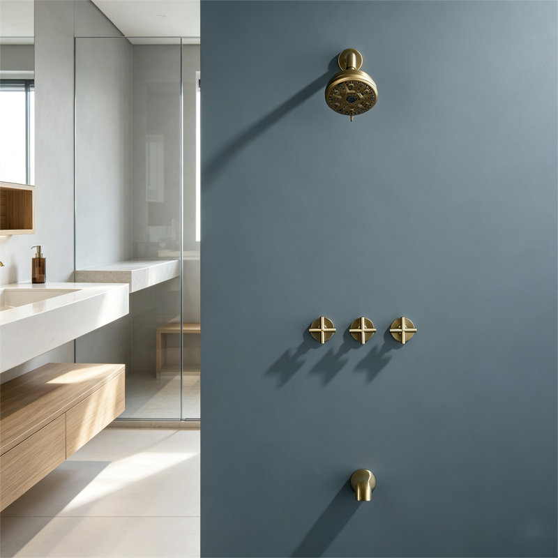 Ensemble de baignoire et douche à fixation murale à trois poignées Topcraft, Brushed Gold