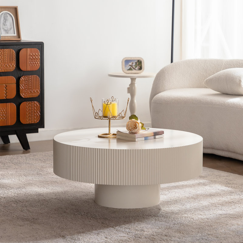 31.5" Handcrafted Relief Round Wooden Coffee Table | Sturdy Pedestal Base, Decorative Tea Table for Living Room, White