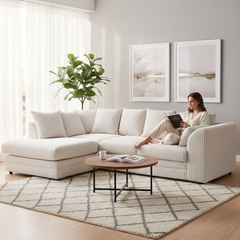 Soft Fabric Jumbo Cord 4 Seater L Shape with Foot Stool Upholstered Living Room Sets, Cream, Left Hand Facing